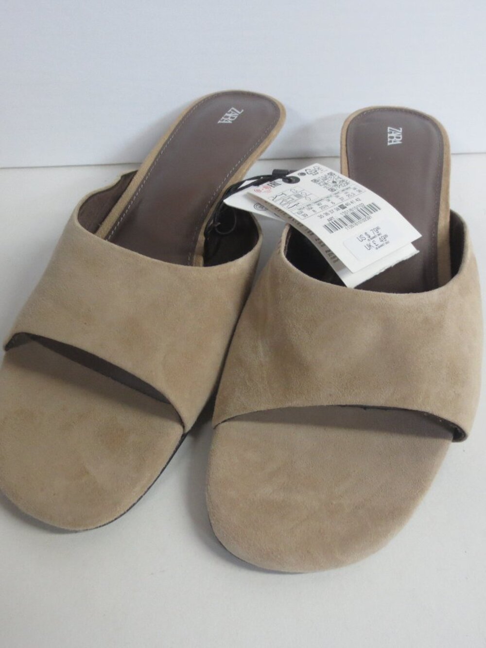 ZARA WOMEN'S TAN SUEDE SLIP ON KITTEN HEEL MULE SHOES - US 8